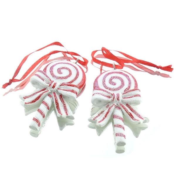 Weihnachtsanhänger Lollies Weiß / Rot mit Glitter 7,5 cm aus Polyresin - 2er Pack