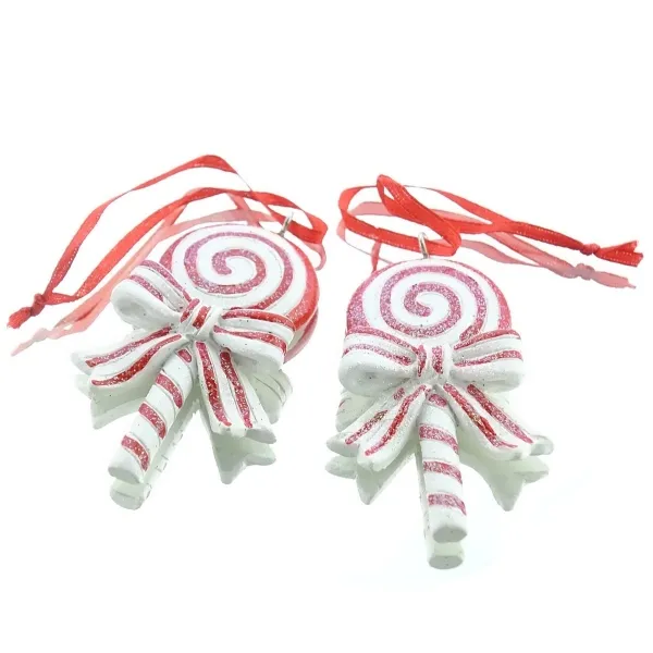 Weihnachtsanhänger Lollies Weiß / Rot mit Glitter 7,5 cm aus Polyresin - 2er Pack
