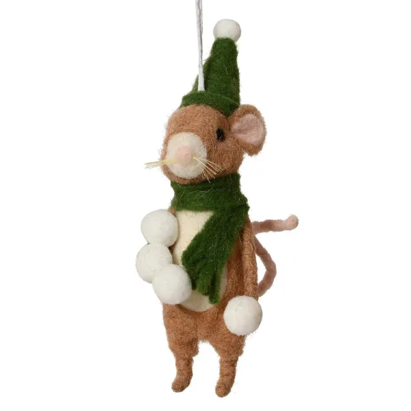 Weihnachtsanhänger Maus m. Schneebällen grüner Schal & Mütze - Wolle/Polyfoam & Draht