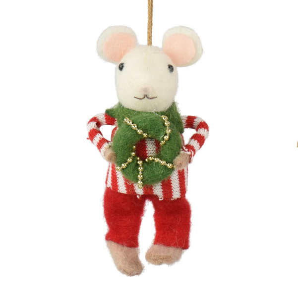 Weihnachtsanhänger Maus mit Kranz - Wolle