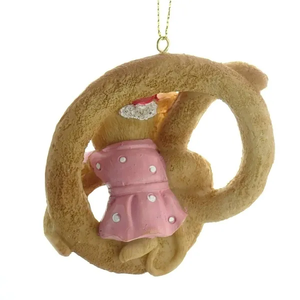 Weihnachtsanhänger Maus mit rosa Kleid in Brezel 7,5 cm - Polyresin