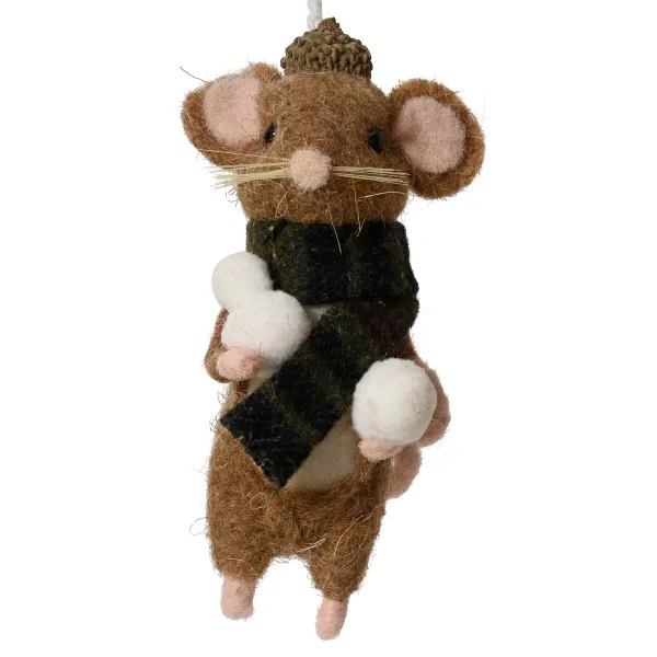 Weihnachtsanhänger Maus mit Schneebällen, schwarz grüner Schal - Wolle/Polyfoam & Draht