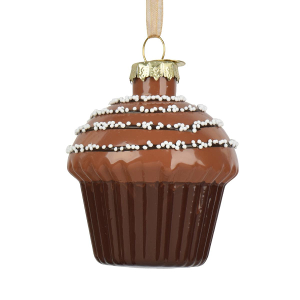 Weihnachtsanhänger Muffin schokobraun hoch mit 4 Reihen Streusel - Glas