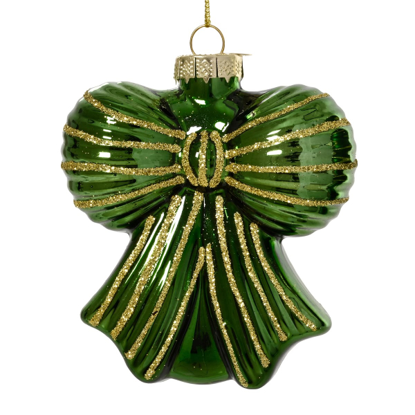 Weihnachtsanhänger Schleife Piniengrün glänzend mit goldfarbenen Glitter - Glas