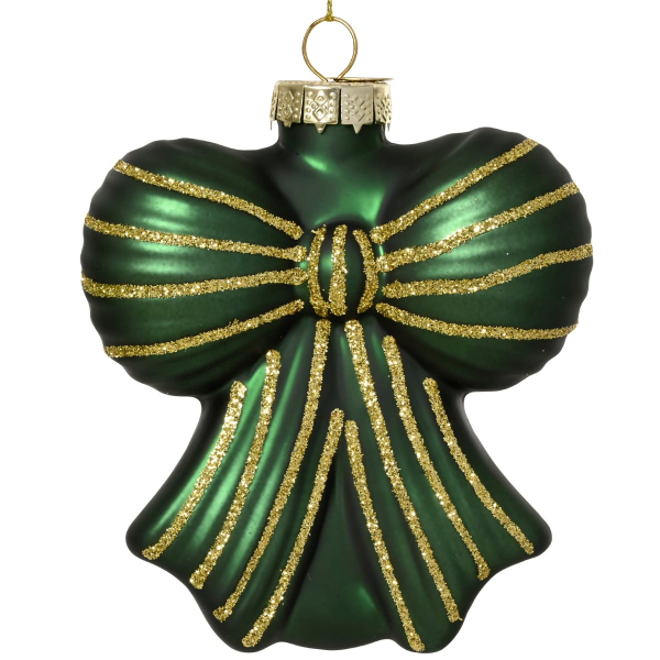 Weihnachtsanhänger Schleife Piniengrün matt mit goldfarbenen Glitter - Glas