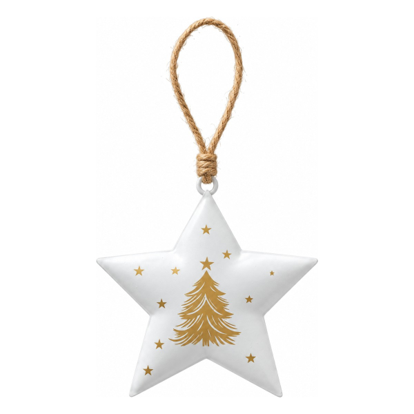 Weihnachtsanhänger Stern cremefarben mit goldfarbenen Tannenbaum & Sternen - Eisen & Jute