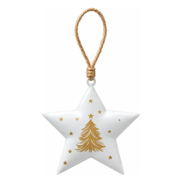 Weihnachtsanhänger Stern cremefarben mit goldfarbenen Tannenbaum & Sternen - Eisen & Jute