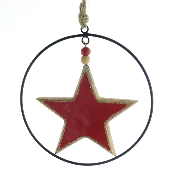 Weihnachtsanhänger Stern Rot mit schwarzem Ring Ø 20 cm - Holz & Metall