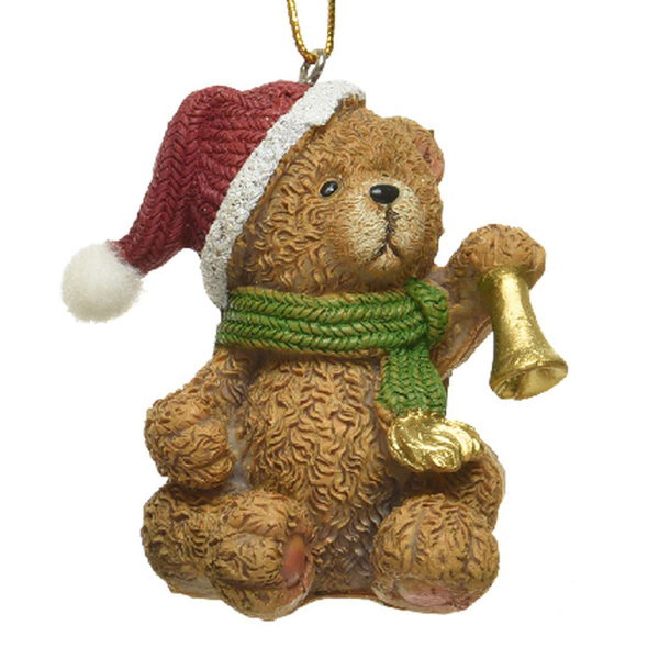 Weihnachtsanhänger Teddybär Braun mit goldfarbener Glocke  4,4 cm - Polyresin