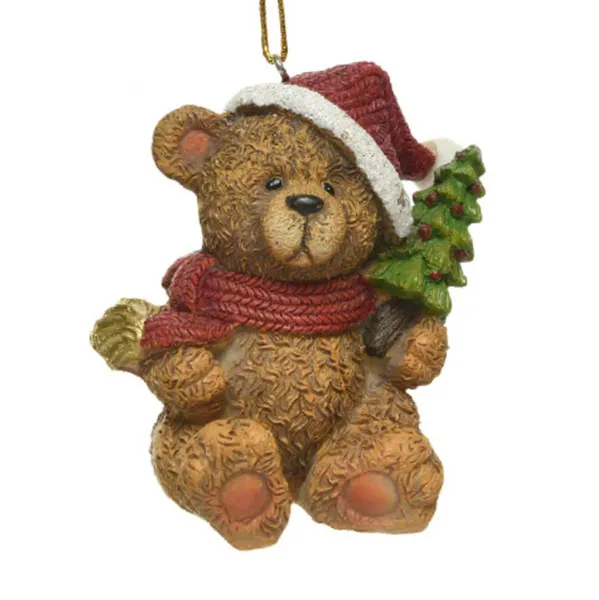 Weihnachtsanhänger Teddybär Braun mit grünem Tannenbaum 4,4 cm - Polyresin