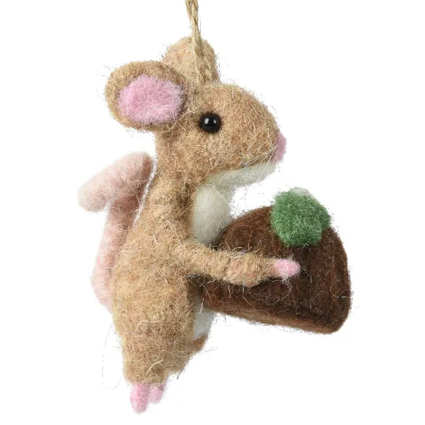 Weihnachtsanhänger Maus Beige-Braun mit Praline in den Pfoten 9 cm - Filzwolle