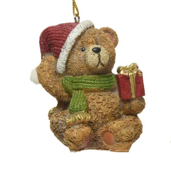 Weihnachtsanhänger Teddybär Braun mit rotem Geschenk - Polyresin