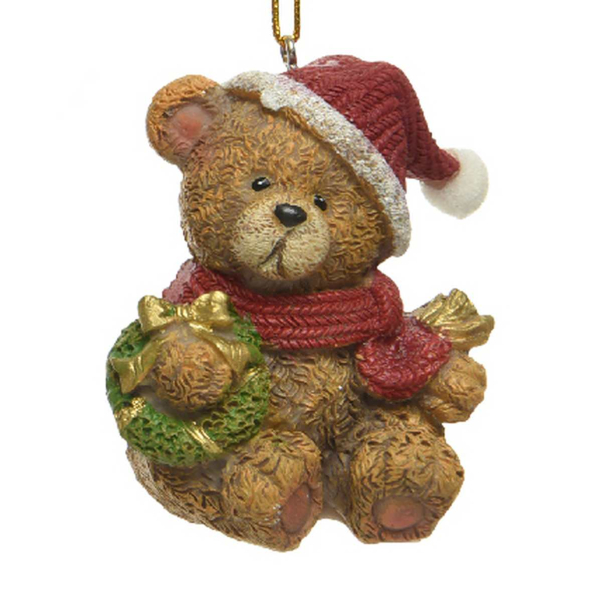 Weihnachtsanhänger Teddybär Braun mit grünem Kranz 4,4 cm - Polyresin