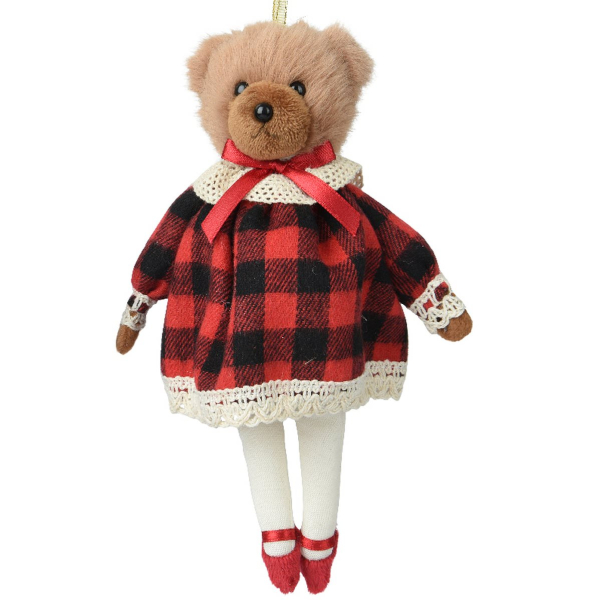 Weihnachtsanhänger Teddybärfrau mit kariertem Kleid 18 cm - Polyester