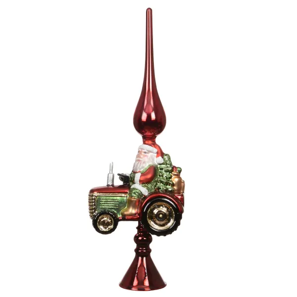 Baummotivspitze Weihnachtsmann auf Traktor rot 30 cm hoch - Glas & Glitter