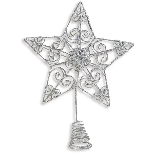 Weihnachtsbaumspitze Barock - Stern Silberfarben mit Silberglitter 20 cm - Metall Weihnachtsbaumspitze Barock - Stern Silberfarben mit Silberglitter 20 cm - Metall