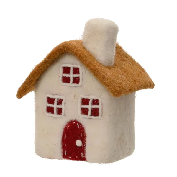 Weihnachtsdeko Haus cremefarben/hellbraunes Dach, Tür & Fenster rot - Polyfoam/Wolle