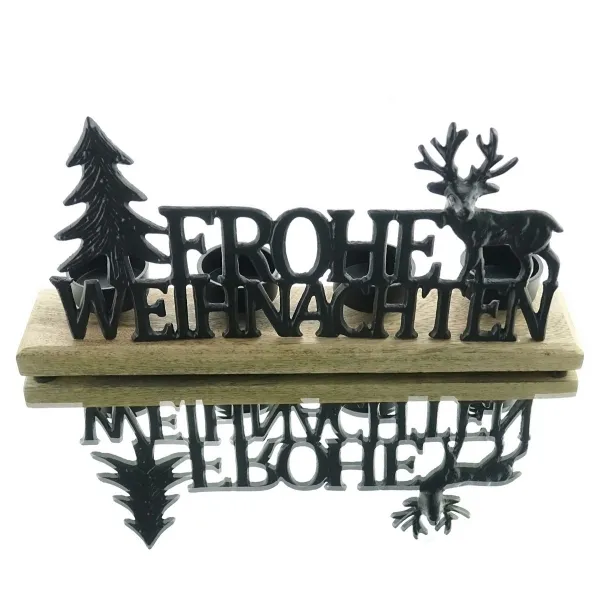 Weihnachtsdeko Schriftzug Frohe Weihnachten mit Hirsch & Baum & 4 Kerzenhaltern