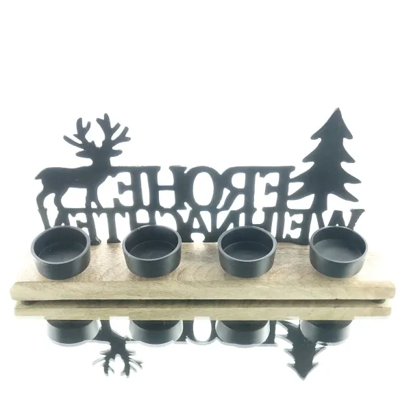 Weihnachtsdeko Schriftzug Frohe Weihnachten mit Hirsch & Baum & 4 Kerzenhaltern