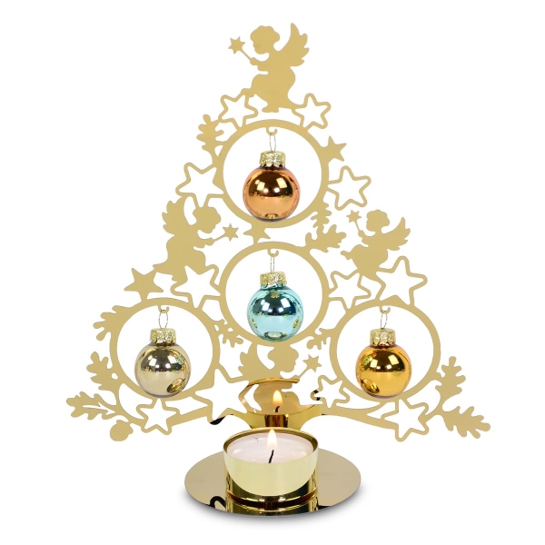 Weihnachtsdeko Teelichtbaum Goldfarben mit Engeln & Kugeln - Metall & Glas
