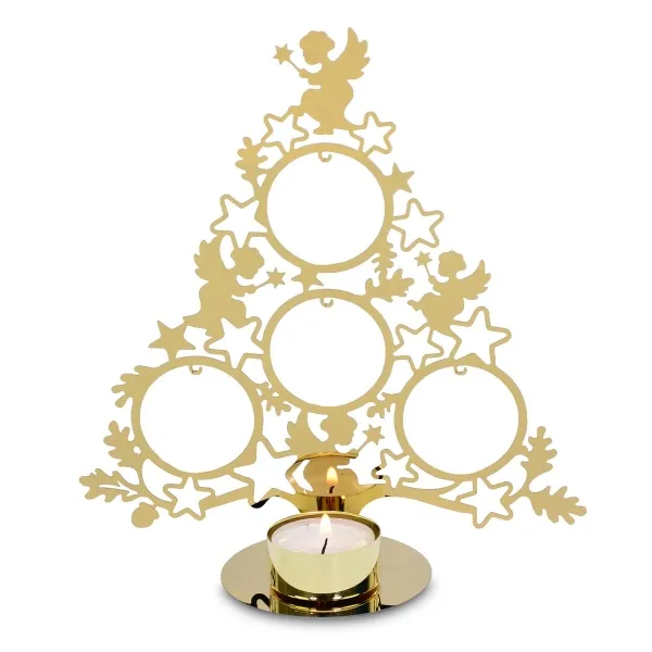 Weihnachtsdeko Teelichtbaum Goldfarben mit Engeln & Kugeln - Metall & Glas