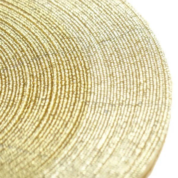 Weihnachtsdeko Tischset Goldfarben Ø 35 cm aus Glasperlen mit Stoffunterlage