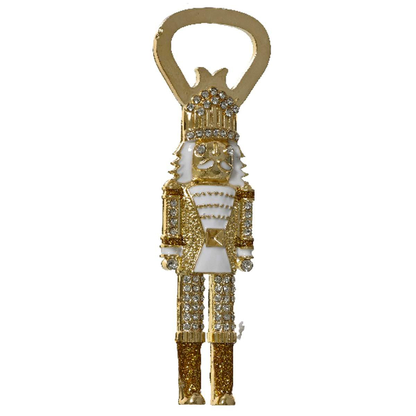 Weihnachtsflaschenöffner Nussknacker Goldfarben mit Glittersteinen Höhe 13,5 cm Breite 7 cm - Metall