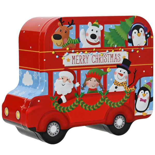 Weihnachtsgeschenkbox in Doppeldeckerbusform bunt Höhe 7 cm Breite 15,5 cm Länge 19 cm - Zinn