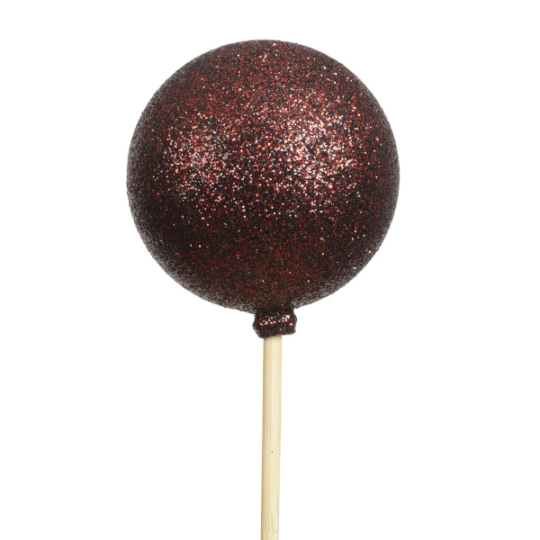 Weihnachtskugel Ø 6 cm auf 36 cm Stab Ochsenblutrot mit Glitter - Polystyren