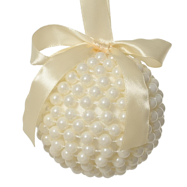 Weihnachtskugel creme-/champangerfarben mit Perlen besetzt Ø 8 cm - Schaumstoff
