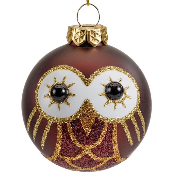 Weihnachtskugel Eule Dunkelbraun matt & Goldfarben mit Glitter  Ø 6 cm - Glas