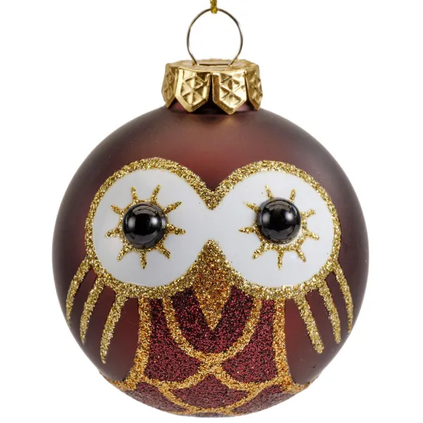 Weihnachtskugel Eule Dunkelbraun matt & Goldfarben mit Glitter Ø 6 cm - Glas