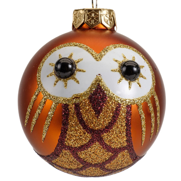 Weihnachtskugel Eule Orangebraun matt & Goldfarben mit Glitter Ø 6 cm - Glas