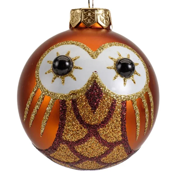 Weihnachtskugel Eule Orangebraun matt & Goldfarben mit Glitter Ø 6 cm - Glas