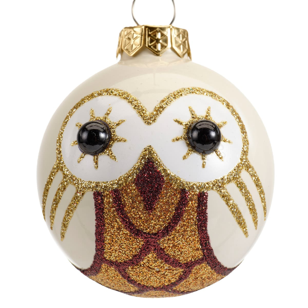 Weihnachtskugel Eule Wollweiß  glänzend & Goldfarben mit Glitter Ø 6 cm - Glas