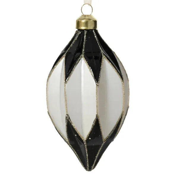 Weihnachtskugel Facetten Raute Schwarz & Weiß goldenfarbener Glitter Ø 8 cm - Glas