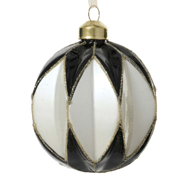 Weihnachtskugel Facetten Schwarz & Weiß goldfarbener Glitter Ø 8 cm - Glas