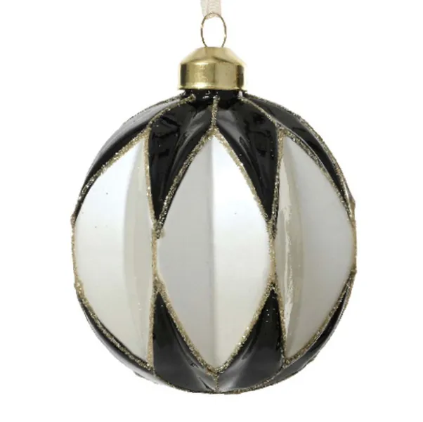Weihnachtskugel Facetten Schwarz & Weiß goldfarbener Glitter Ø 8 cm - Glas