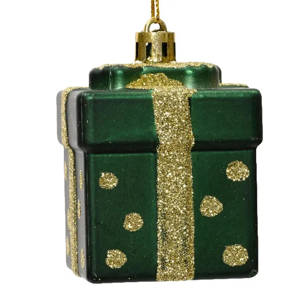 Weihnachtskugel Geschenk Grün matt mit goldfarbenen Glitter Höhe 6,8 cm Breite 5 cm Länge 5 cm - Kunststoff