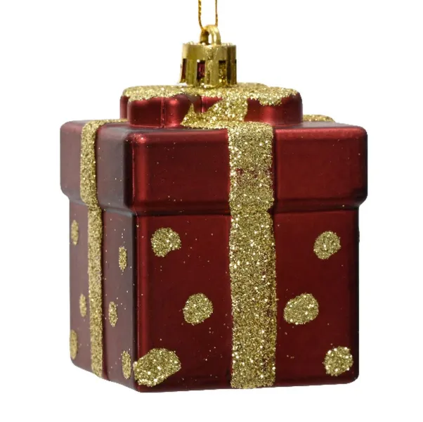 Weihnachtskugel Geschenk Rot matt mit goldfarbenen Glitter Höhe 6,8 cm Breite 5 cm Länge 5 cm - Kunststoff