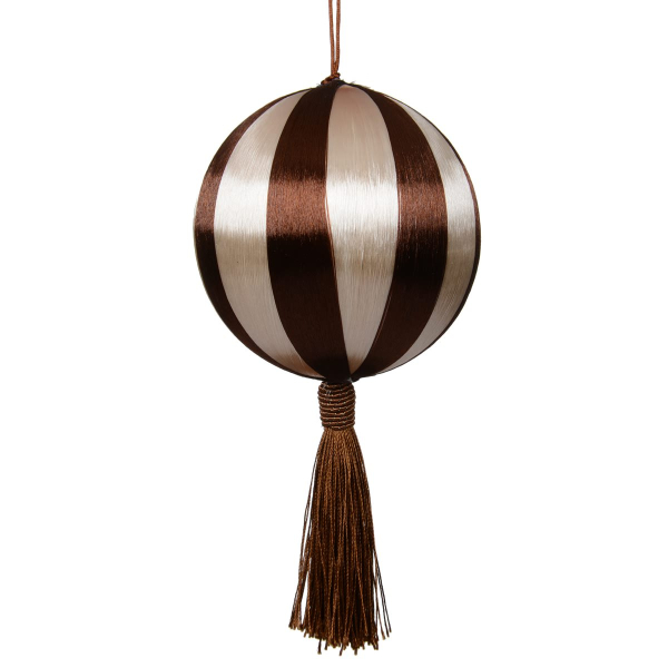 Weihnachtskugel gestreift Braun/Cremefarben mit Quaste Ø 10 cm - Seide &  Schaumstoff