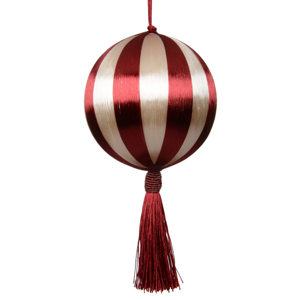 Weihnachtskugel gestreift Rot/Champagnerfarben mit Quaste Ø 10 cm - Seide &  Schaumstoff