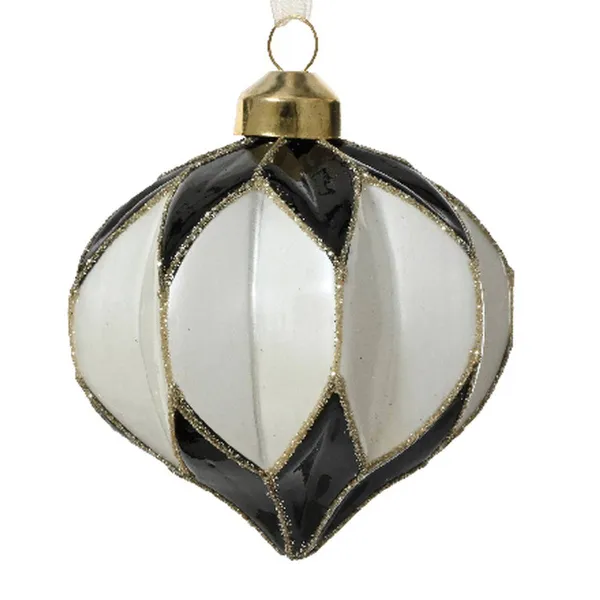 Weihnachtskugel Facetten Zwiebelform Schwarz & Weiß goldfarbener Glitter Ø 8 cm - Glas