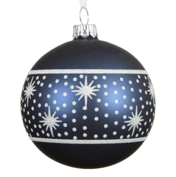 Weihnachtskugel Night Blue dunkelblau mit weißem Muster Ø 8 cm - Glas