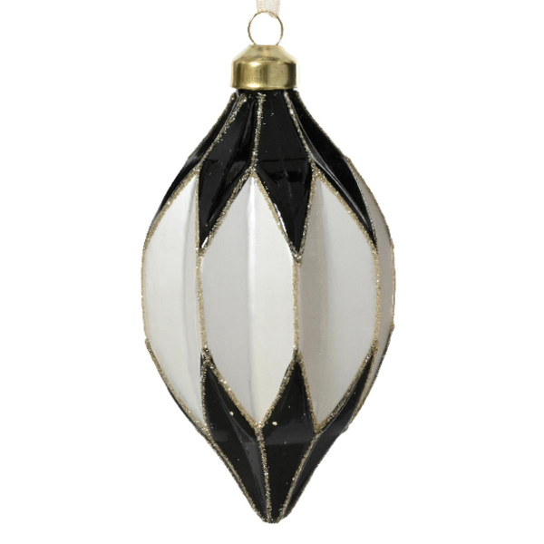 Weihnachtskugel Facetten Raute Schwarz & Weiß goldenfarbener Glitter Ø 8 cm - Glas