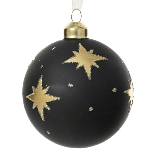 Weihnachtskugel Schwarz matt mit goldfarbenen Sternen Ø 8 cm - Glas