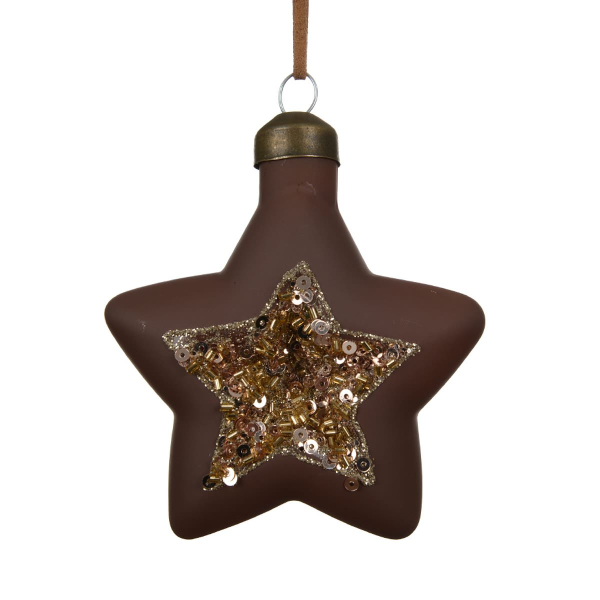 Weihnachtskugel Stern Braun mit Paillettenstern - Glas