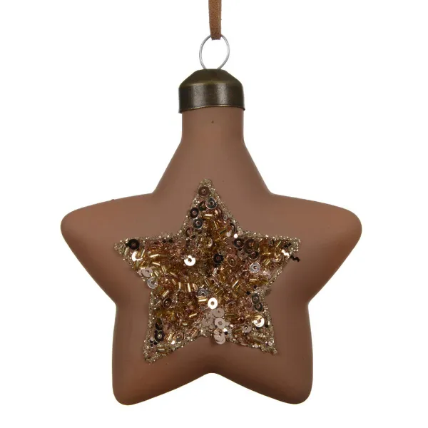 Weihnachtskugel Stern braun mit Paillettenstern - Glas