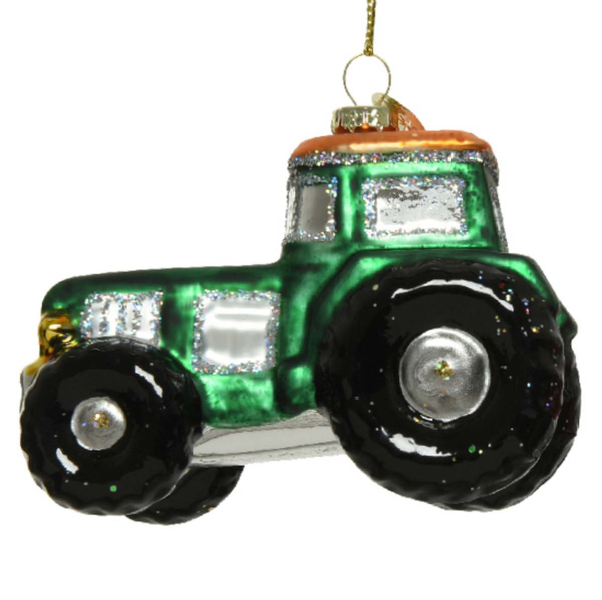 Nostalgie Weihnachtsanhänger Trecker Grün mit silberfarbenen Glitter 7 cm - Glas