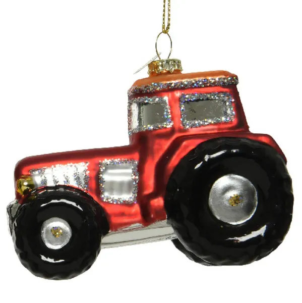 Nostalgie Weihnachtsanhänger Trecker Rot mit silberfarbenen Glitter 7 cm - Glas
